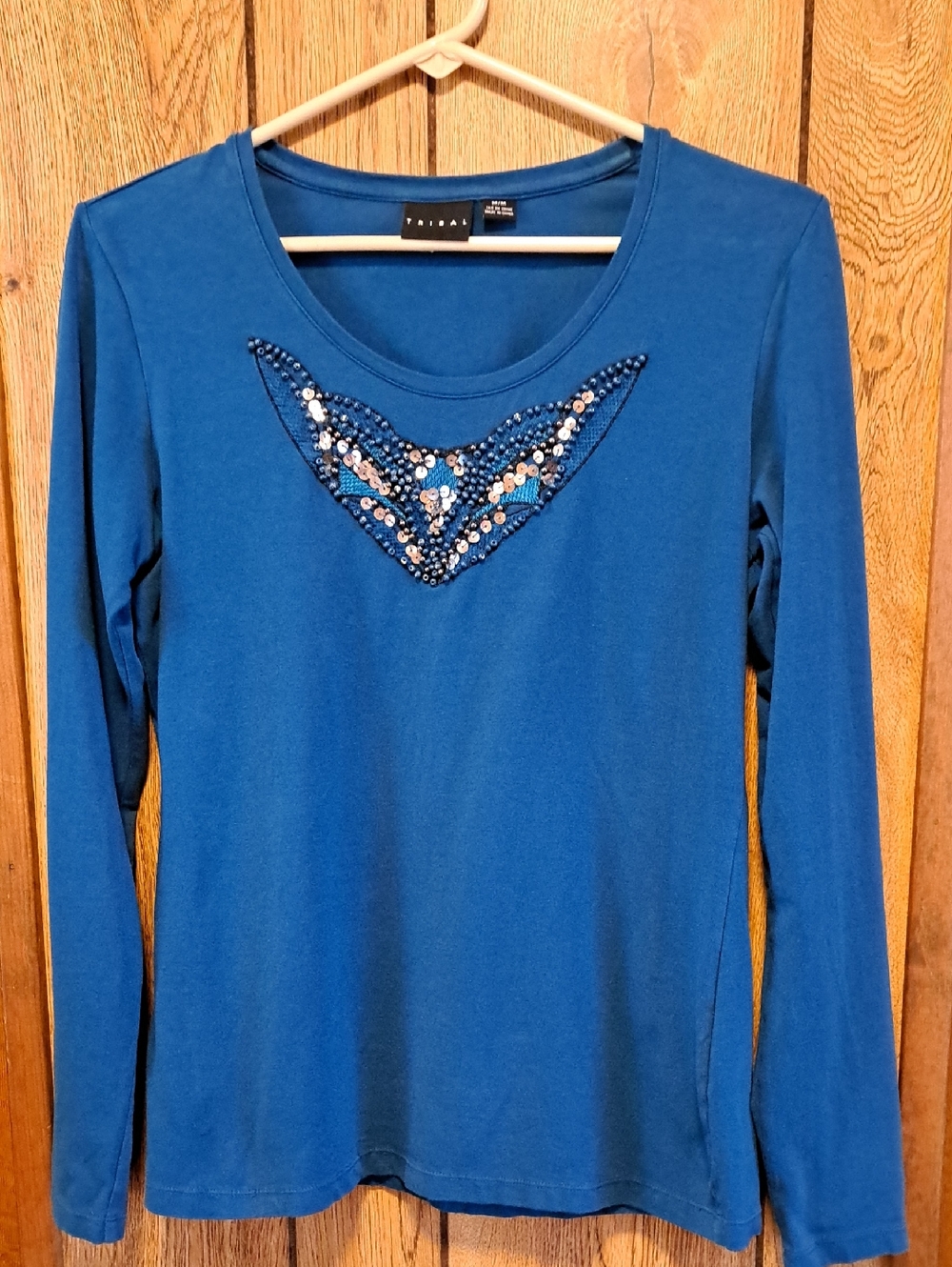 Tribal Women's Blue Long-Sleeve Embellished Tee Size M